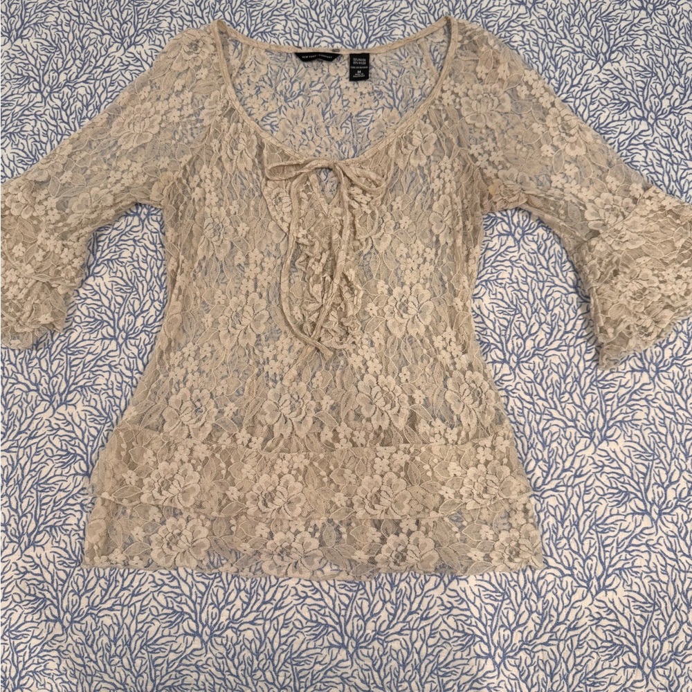 New York & Company Cream Floral Lace Tie-Front Blouse